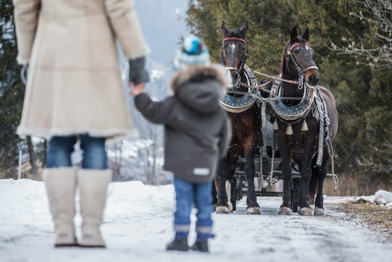 mama-kind-warten-kutsche Pferdeschlitten fahren